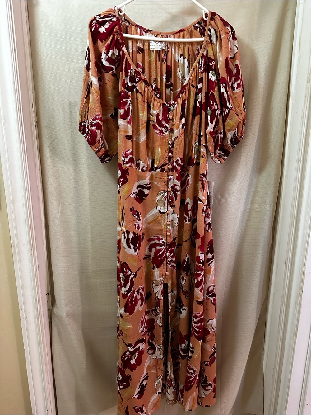 Band of the Free Bijou Floral Maxi Dress Boho Puff Sleeve Button Front V Neck NW